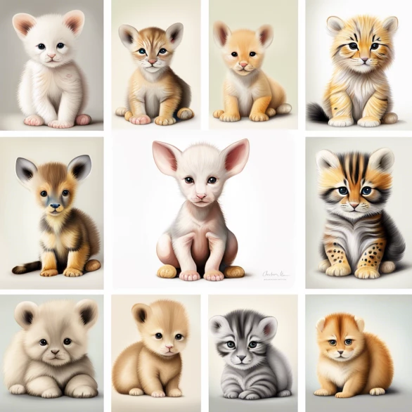 Create high-quality, photorealistic portraits of newborn animals from various species. The portraits should showcase the innocence, vulnerability, and cuteness of each animal, capturing their youthful essence and charm. The animals should be depicted in a variety of poses and expressions, showcasing their natural grace and playfulness. cover full body